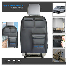 Load image into Gallery viewer, VW California T6.1,T6,T5 Inka Kitchen Seatstor Seat Storage Pockets Organsier Tidy Black Leatherette With bespoke " California Series" embroidery in 7 colours to match your vehicle colour palette.