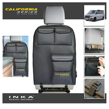 Load image into Gallery viewer, VW California T6.1,T6,T5 Inka Kitchen Seatstor Seat Storage Pockets Organsier Tidy Black Leatherette With bespoke " California Series" embroidery in 7 colours to match your vehicle colour palette.