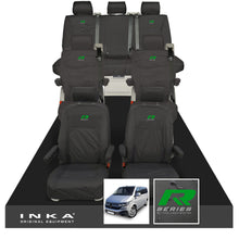 Load image into Gallery viewer, VW Caravelle T6.1,T6,T5.1 Inka 7 Seater Full Set Fully Tailored Waterproof Seat Covers Black - R-Series Embroidery