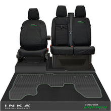 Load image into Gallery viewer, Ford Transit Custom INKA Front 1+2 Tailored Waterproof Seat Covers & Tailored Rubber Mat Black MY-12-23 (Choice of 7 Colours) - Custom Professional Embroidery