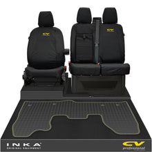 Load image into Gallery viewer, Ford Transit Custom INKA Front 1+2 Tailored Waterproof Seat Covers & Tailored Rubber Mat Black MY-12-23 (Choice of 7 Colours) - CV Professional Embroidery