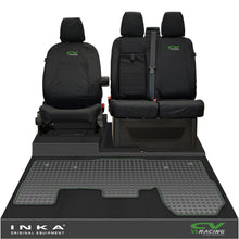 Load image into Gallery viewer, Ford Transit MK8/MK9 INKA Front 1+2 Tailored Waterproof Seat Covers & Tailored Rubber Mat Black MY-2014 Onwards (Choice of 7 Colours) - CV Racing Embroidery