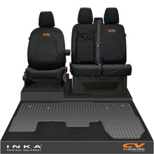Load image into Gallery viewer, Ford Transit MK8/MK9 INKA Front 1+2 Tailored Waterproof Seat Covers & Tailored Rubber Mat Black MY-2014 Onwards (Choice of 7 Colours) - CV Racing Embroidery