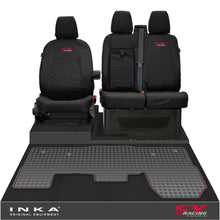 Load image into Gallery viewer, Ford Transit MK8/MK9 INKA Front 1+2 Tailored Waterproof Seat Covers & Tailored Rubber Mat Black MY-2014 Onwards (Choice of 7 Colours) - CV Racing Embroidery