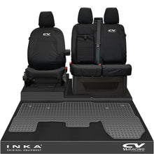 Load image into Gallery viewer, Ford Transit MK8/MK9 INKA Front 1+2 Tailored Waterproof Seat Covers & Tailored Rubber Mat Black MY-2014 Onwards (Choice of 7 Colours) - CV Racing Embroidery