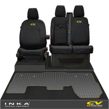 Load image into Gallery viewer, Ford Transit MK8/MK9 INKA Front 1+2 Tailored Waterproof Seat Covers & Tailored Rubber Mat Black MY-2014 Onwards (Choice of 7 Colours) - CV Racing Embroidery