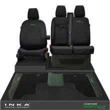 Load image into Gallery viewer, Ford Transit Custom MK1 Front 1+2 Tailored Waterproof Seat Covers & Tailored Leatherette Floor Mat Black MY-12-23 (Choice of 7 Colours)- Custom Professional Embroidery