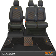 Load image into Gallery viewer, Ford Transit MK8/MK9 Front 1+2 Bentley Diamond Quilt Tailored Seat Covers & Matching Tailored Floor Mat Black MY2014 Onwards - CV Professional Embroidery
