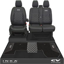 Load image into Gallery viewer, Ford Transit MK8/MK9 Front 1+2 Bentley Diamond Quilt Tailored Seat Covers & Matching Tailored Floor Mat Black MY2014 Onwards - CV Professional Embroidery