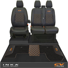 Load image into Gallery viewer, Ford Transit MK8/MK9 Front 1+2 Bentley Diamond Quilt Tailored Seat Covers & Matching Tailored Floor Mat Black MY2014 Onwards - CV Racing Embroidery