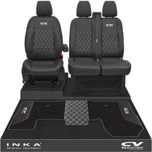 Load image into Gallery viewer, Ford Transit MK8/MK9 Front 1+2 Bentley Diamond Quilt Tailored Seat Covers & Matching Tailored Floor Mat Black MY2014 Onwards - CV Racing Embroidery