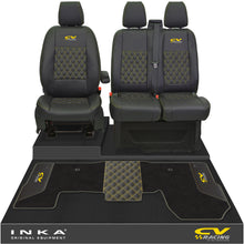 Load image into Gallery viewer, Ford Transit MK8/MK9 Front 1+2 Bentley Diamond Quilt Tailored Seat Covers & Matching Tailored Floor Mat Black MY2014 Onwards - CV Racing Embroidery