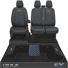 Load image into Gallery viewer, Ford Transit MK8/MK9 Front 1+2 Bentley Diamond Quilt Tailored Seat Covers & Matching Tailored Floor Mat Black MY2014 Onwards - CV Sport Embroidery