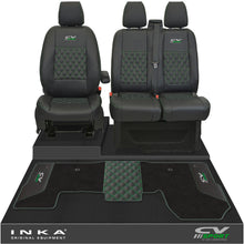 Load image into Gallery viewer, Ford Transit MK8/MK9 Front 1+2 Bentley Diamond Quilt Tailored Seat Covers & Matching Tailored Floor Mat Black MY2014 Onwards - CV Sport Embroidery
