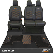 Load image into Gallery viewer, Ford Transit MK8/MK9 Front 1+2 Bentley Diamond Quilt Tailored Seat Covers & Matching Tailored Floor Mat Black MY2014 Onwards - CV Sport Embroidery