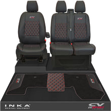 Load image into Gallery viewer, Ford Transit MK8/MK9 Front 1+2 Bentley Diamond Quilt Tailored Seat Covers & Matching Tailored Floor Mat Black MY2014 Onwards - CV Sport Embroidery
