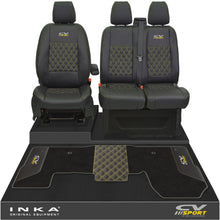 Load image into Gallery viewer, Ford Transit MK8/MK9 Front 1+2 Bentley Diamond Quilt Tailored Seat Covers & Matching Tailored Floor Mat Black MY2014 Onwards - CV Sport Embroidery