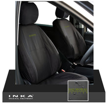 Load image into Gallery viewer, New Model Land Rover Defender L663 MY20 Onwards INKA Fully Tailored Waterproof Seat Covers Black Front Set. Fits 90, 110 & 130. With Balmoral EDITION Embroidery.
