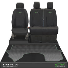 Load image into Gallery viewer, New Mercedes Benz Sprinter INKA Front 1+2 Tailored Waterproof Seat Covers & Tailored Rubber Mat Black MY18 To Present - CV Racing Embroidery