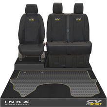 Load image into Gallery viewer, New Mercedes Benz Sprinter INKA Front 1+2 Tailored Waterproof Seat Covers & Tailored Rubber Mat Black MY18 To Present - CV Sport Embroidery