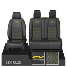 Load image into Gallery viewer, Mercedes Benz Sprinter INKA Front Set Tailored Leatherette Seat Covers Black Bentley Diamond Quilt (7 Colours) with embroidery MY18 to Present Fits All Derivatives - CV Professional Embroidery