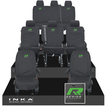 Load image into Gallery viewer, VW Transporter Shuttle T6.1, T6 8 Seater Tailored Waterproof Seat Covers Black MY 15-23 - R-Series Embroidery