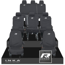 Load image into Gallery viewer, VW Transporter Shuttle T6.1, T6 8 Seater Tailored Waterproof Seat Covers Black MY 15-23 - R-Series Embroidery