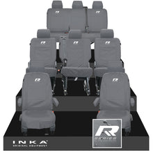 Load image into Gallery viewer, VW Transporter Shuttle T6.1, T6 8 Seater Tailored Waterproof Seat Covers Grey MY 15-23 - R-Series Embroidery