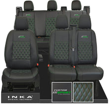 Load image into Gallery viewer, Ford Transit Custom Sport Embroidery INKA Front 1+2 & Rear Triple Tailored Leatherette Bentley Diamond Quilt Seat Covers Black MY12-23