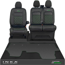 Load image into Gallery viewer, All New Ford Transit Custom Front 1+2 Bentley Diamond Quilt Leatherette Tailored Seat Covers & Tailored Rubber Mat Black MY-2024 (Choice of 7 Colours) - Custom Sport Embroidery