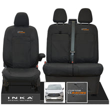 Load image into Gallery viewer, All New Ford Transit Custom INKA Front 1+2 Tailored Waterproof Seat Covers Set Black MY-2024 Onwards - Custom Racing Embroidery