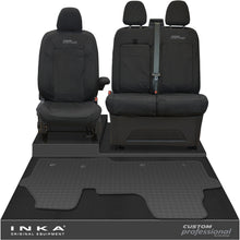 Load image into Gallery viewer, The All New Ford Transit Custom Front 1+2 Tailored Waterproof Seat Covers & Tailored Rubber Mat Black MY 2024+(Choice of 7 Colours) - Custom Professional Embroidery
