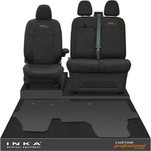 Load image into Gallery viewer, The All New Ford Transit Custom Front 1+2 Tailored Waterproof Seat Covers & Tailored Rubber Mat Black MY 2024+(Choice of 7 Colours) - Custom Professional Embroidery