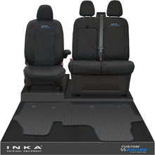 Load image into Gallery viewer, The All New Ford Transit Custom Front 1+2 Tailored Waterproof Seat Covers & Tailored Rubber Mat Black MY 2024+(Choice of 7 Colours) - Custom Racing Embroidery