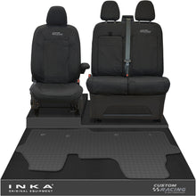 Load image into Gallery viewer, The All New Ford Transit Custom Front 1+2 Tailored Waterproof Seat Covers & Tailored Rubber Mat Black MY 2024+(Choice of 7 Colours) - Custom Racing Embroidery