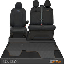 Load image into Gallery viewer, The All New Ford Transit Custom Front 1+2 Tailored Waterproof Seat Covers & Tailored Rubber Mat Black MY 2024+(Choice of 7 Colours) - Custom Racing Embroidery