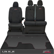 Load image into Gallery viewer, The All New Ford Transit Custom Front 1+2 Tailored Waterproof Seat Covers & Tailored Rubber Mat Black MY 2024+(Choice of 7 Colours) - Custom Sport Embroidery