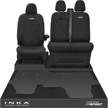 Load image into Gallery viewer, The All New Ford Transit Custom Front 1+2 Tailored Waterproof Seat Covers & Tailored Rubber Mat Black MY 2024+(Choice of 7 Colours) - Custom Sport Embroidery