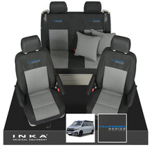 Load image into Gallery viewer, VW California T6.1, T6, T5.1, T5 Ocean, Coast, Beach, SE, Surf INKA Tailored Front & Rear Seat Covers Set Second Skin Black With Grey Vision centres With Embroidery MY14 Onwards