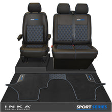 Load image into Gallery viewer, New VW Transporter T6.1, T6, T5.1 Front 1+2 Bentley Diamond Quilt Tailored Leatherette Seat Covers & Matching Tailored Floor Mat Black - Sport-Series Embroidery