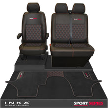 Load image into Gallery viewer, New VW Transporter T6.1, T6, T5.1 Front 1+2 Bentley Diamond Quilt Tailored Leatherette Seat Covers & Matching Tailored Floor Mat Black - Sport-Series Embroidery