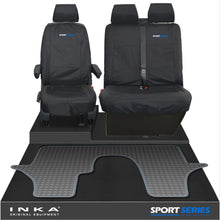 Load image into Gallery viewer, VW Transporter T6.1,T6,T5.1 INKA Front 1+2 Tailored Waterproof Seat Covers & Tailored Rubber Floor Mat Black - Sport-Series Embroidery