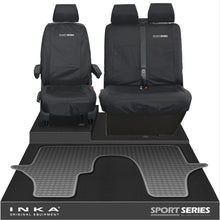 Load image into Gallery viewer, VW Transporter T6.1,T6,T5.1 INKA Front 1+2 Tailored Waterproof Seat Covers & Tailored Rubber Floor Mat Black - Sport-Series Embroidery