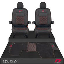 Load image into Gallery viewer, New VW Transporter T7 Panel Van INKA Front Bentley Leatherette Tailored Seat Covers & Matching Tailored Floor Mat Black MY25 Onwards - R-Series Embroidery
