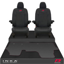 Load image into Gallery viewer, New VW Transporter T7 Panel Van INKA Front Set Tailored Waterproof Seat Covers & Tailored Rubber Mat Black MY25 Onwards - R-Series Embroidery