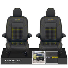 Load image into Gallery viewer, New VW Transporter T7 Panel Van INKA Front Leatherette Tartan Tailored Seat Cover Set Black MY25 Onwards - Sport-Series Embroidery