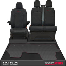 Load image into Gallery viewer, New VW Transporter T7 Panel Van INKA Front Set Tailored Waterproof Seat Covers & Tailored Rubber Mat Black MY25 Onwards - Sport-Series Embroidery