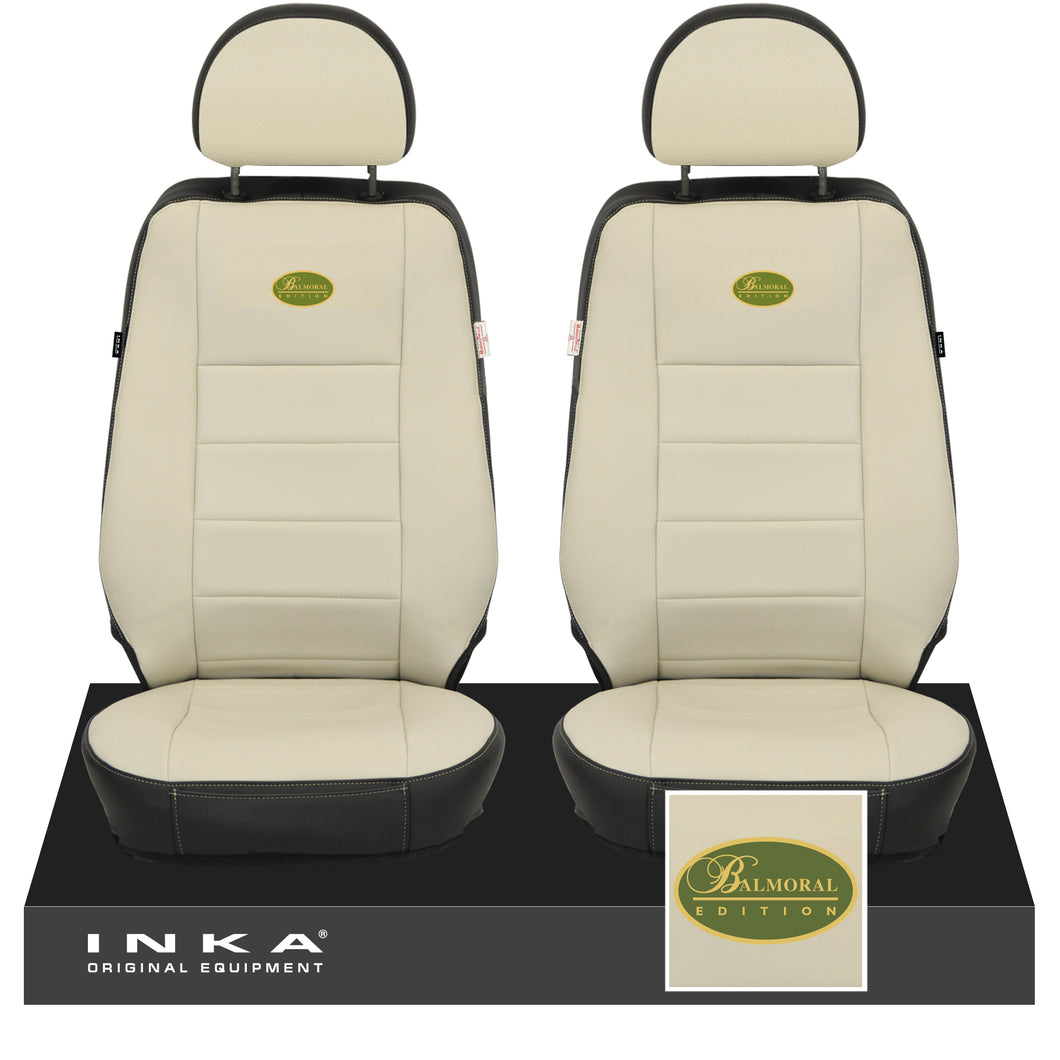 Land Rover Defender L316 INKA Front Pair Tailored Leatherette Seat Covers Ivory & Ebony Black MY07-16 With Embroidery