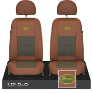 Land Rover Defender L316 INKA Tan Leatherette & Harris Tweed Front 1+1 Tailored Seat Covers MY07-16 With Embroidery