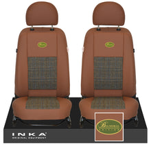 Load image into Gallery viewer, Land Rover Defender L316 INKA Tan Leatherette &amp; Harris Tweed Front Pair Tailored Seat Covers MY07-16 With Embroidery
